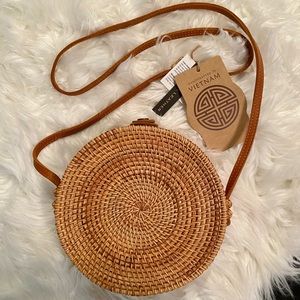 Woven Round Crossbody with Genuine Leather Strap